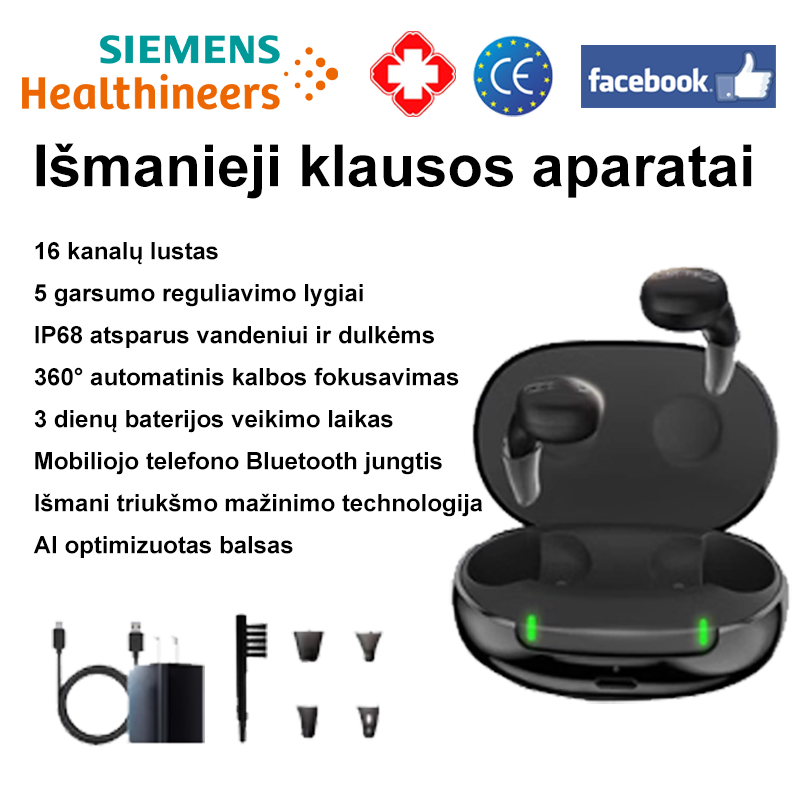 (3 dienos ilgas baterijos veikimo laikas) 16 kanalų lustas + 5 lygių garsumo reguliavimas + IP68 atsparus vandeniui ir dulkėms + 360° automatinis kalbos fokusavimas + mobilusis telefonas 